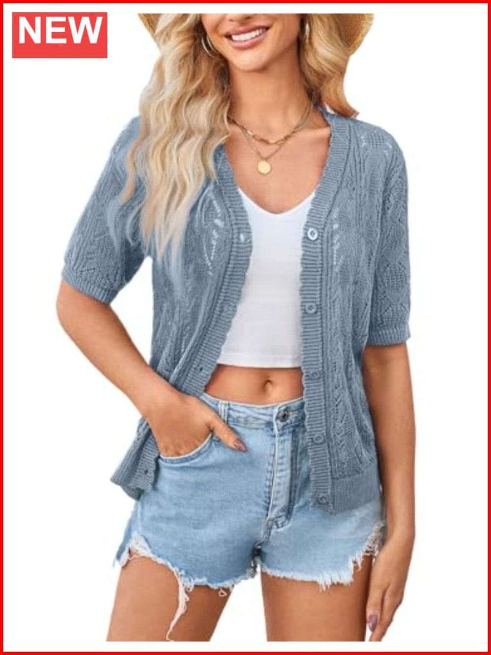 Crochet Cropped Cardigan Short Sleeve Button Sweater Lightweight Shrug